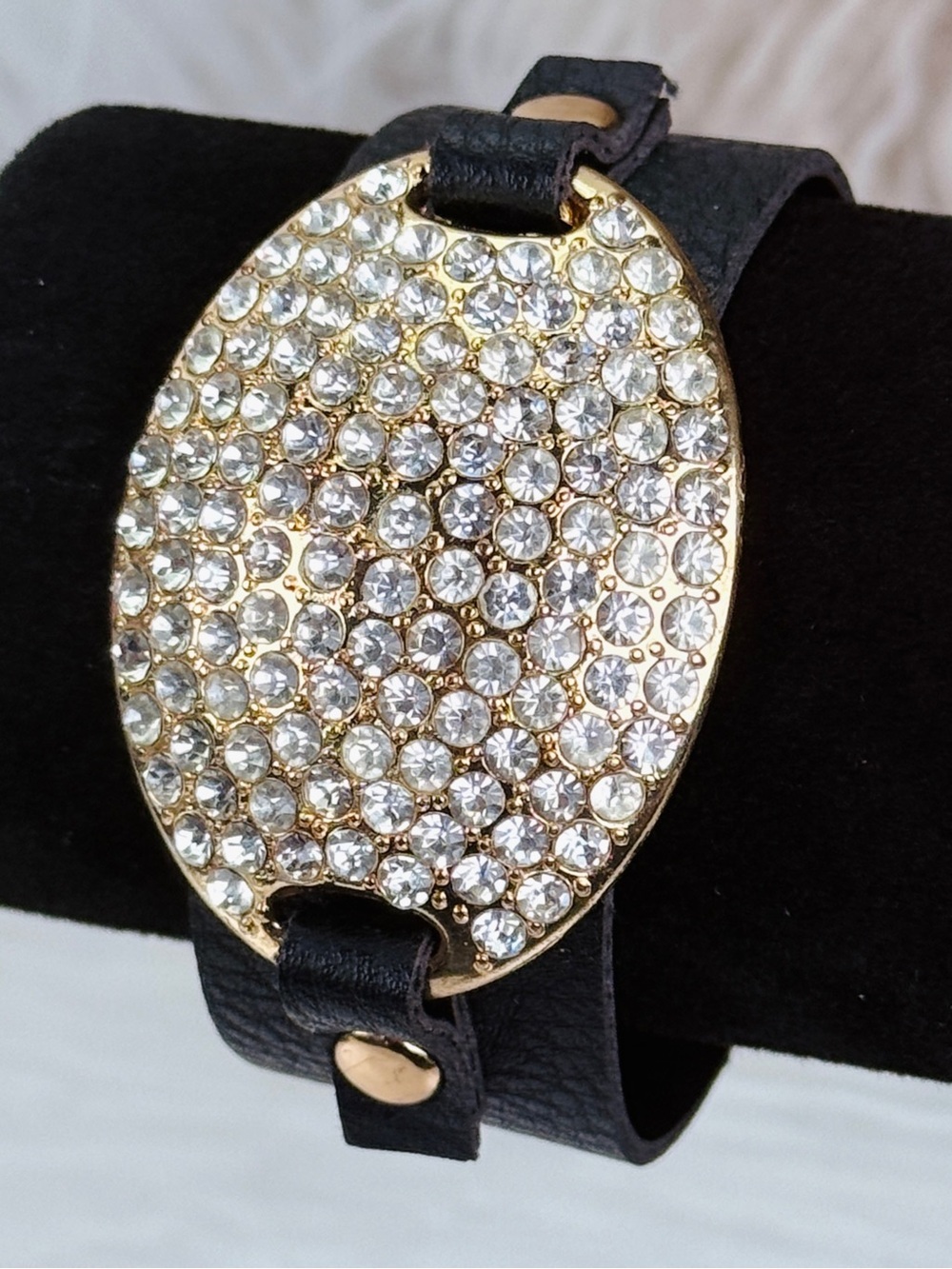 Black and goldtone bling, faux leather band bracelet